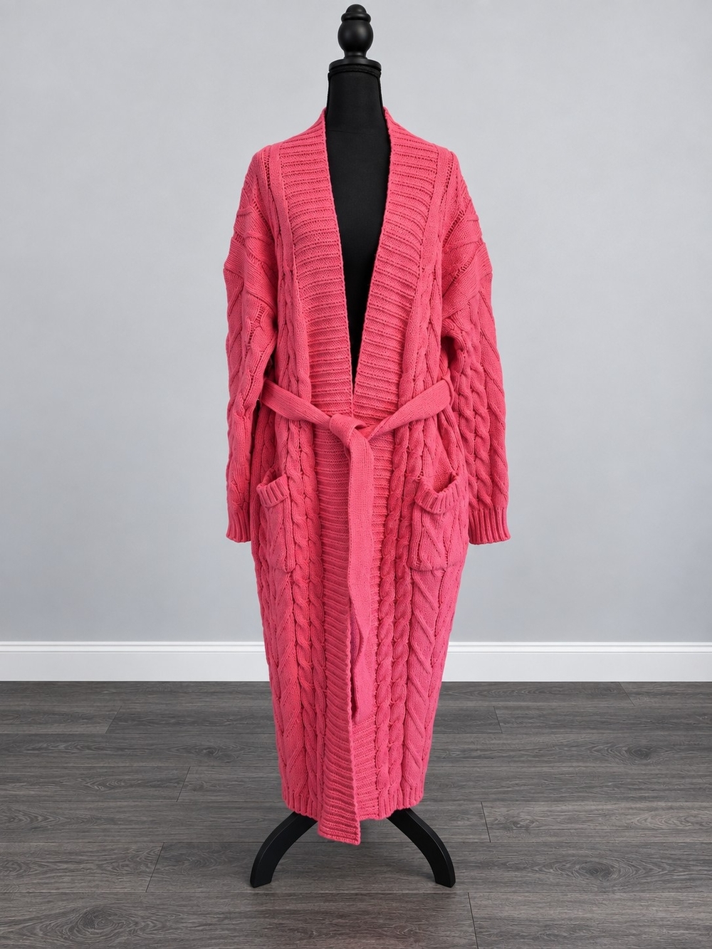 Belted Open-Front Cable Knit Cardigan - Pink